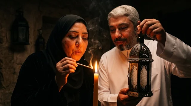 زوجان عربيان بملابس تقليدية وفانوس رمضان