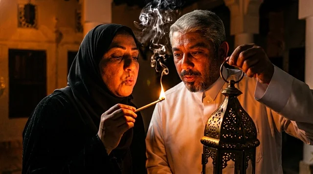 زوجان سعوديان يشعلان فانوساً تقليدياً في الليل