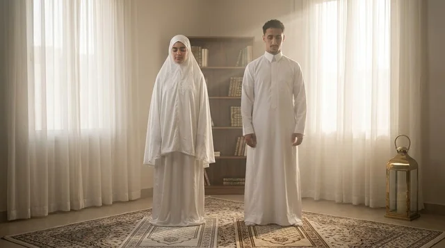 Saudi Couple Standing on Prayer Rugs in Home