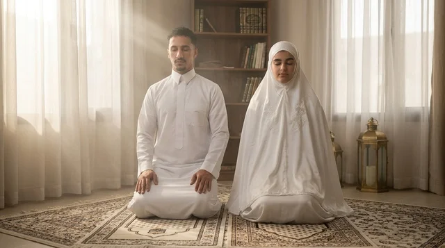 Saudi Muslim Couple Praying Together Indoors