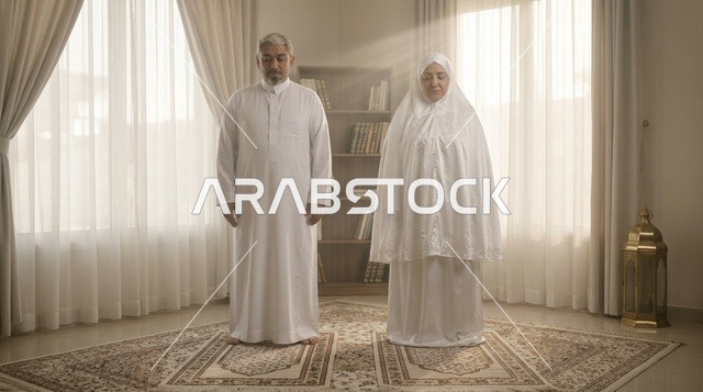 Saudi Elderly Couple Standing on Prayer Rugs at Home