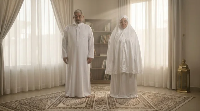 Saudi Elderly Couple Standing on Prayer Rugs at Home