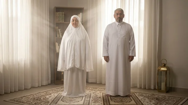 Saudi Couple in Traditional White Islamic Prayer Clothing