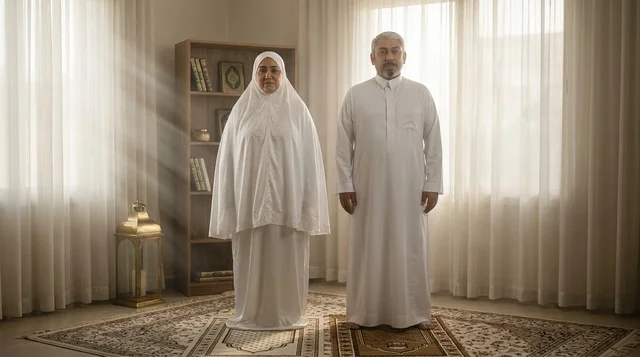 زوجين سعوديين بملابس تقليدية بيضاء في المنزل