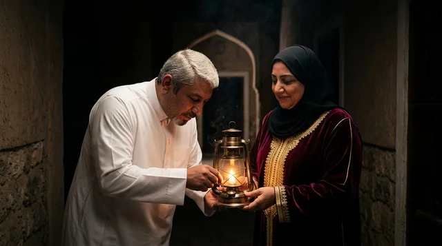 زوجان سعوديان مع فانوس زيت تقليدي في الليل