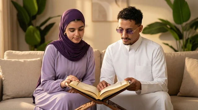 رجل وامرأة سعوديان يقرآن القرآن في المنزل