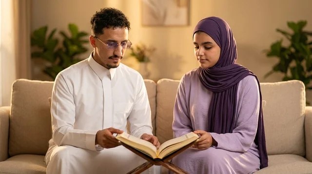 Saudi Muslim Couple Reading Holy Quran Together at Home