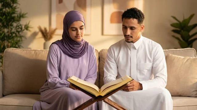 Saudi Couple Reading Quran in Modern Living Room