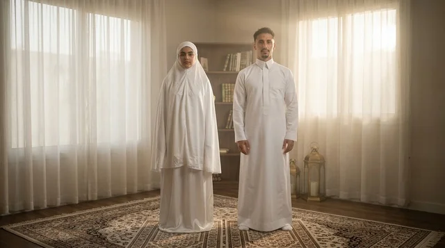 رجل وامرأة سعوديان بملابس الصلاة البيضاء في المنزل