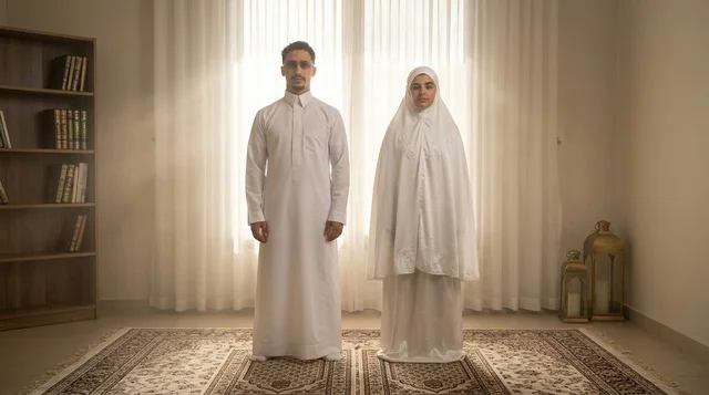 Saudi Couple in Traditional White Clothing at Home