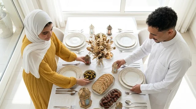 زوجان سعوديان يجهزان مائدة إفطار رمضان في الداخل