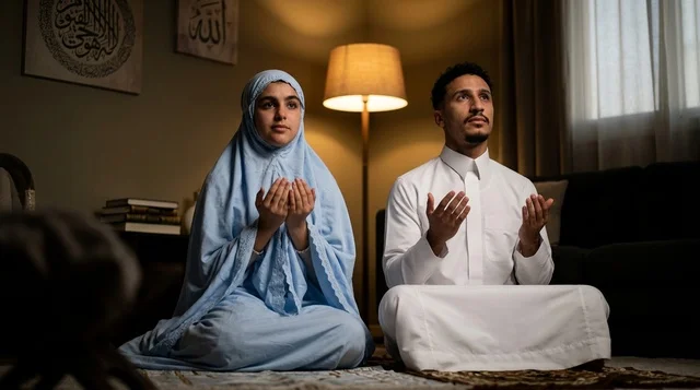 Saudi Couple Supplicating in Traditional Dress