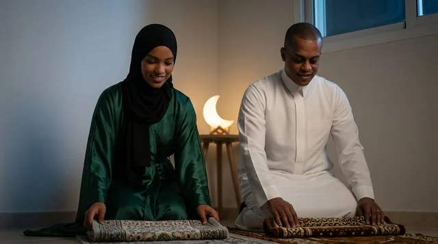 Saudi Couple Praying on Mats with Ramadan Crescent Lamp