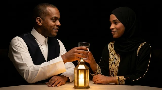 African-Saudi Couple with Ramadan Lantern at Iftar