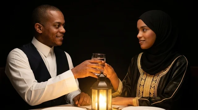 African Muslim Couple Dining with Lantern at Night