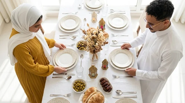 زوجان سعوديان يجهزان مائدة إفطار رمضان لقطة علوية