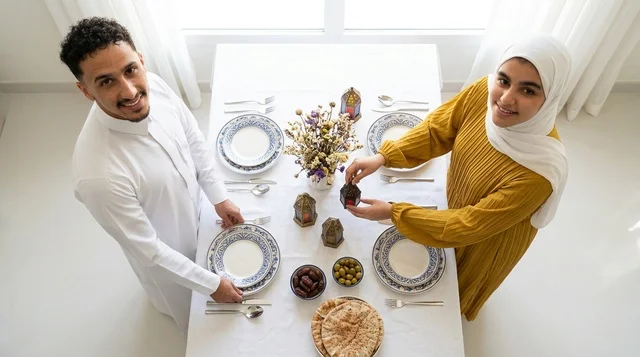 Saudi Couple Preparing Ramadan Dining Table Top View