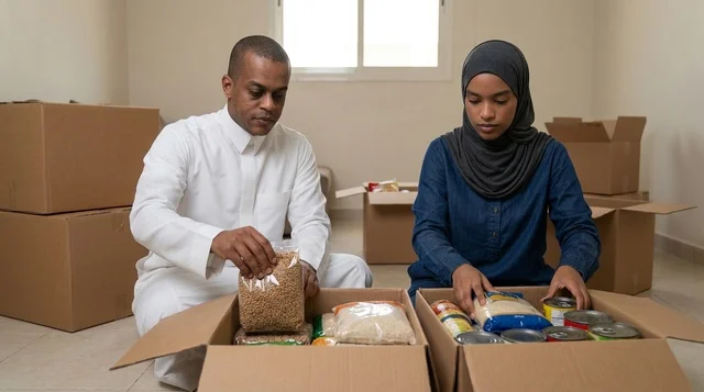 African Saudi Couple Packing Food Donation Boxes