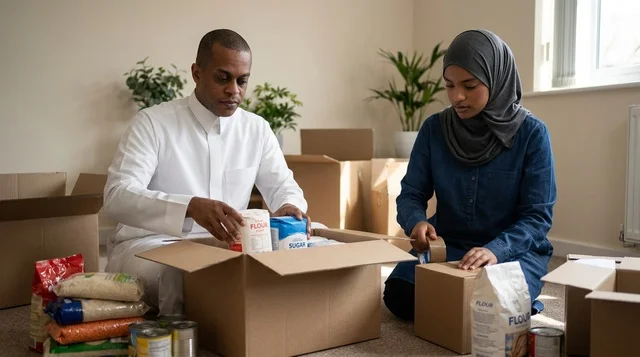 رجل وامرأة سعوديان يجهزان صناديق تبرعات غذائية