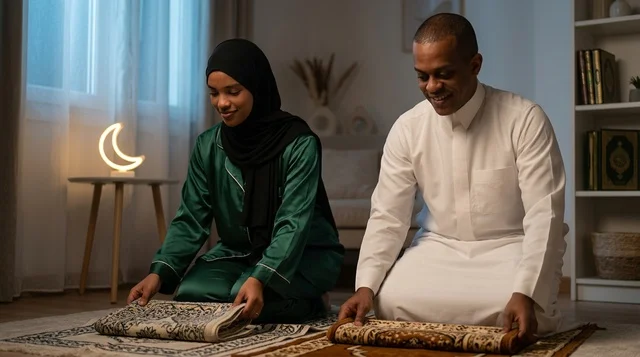Black Muslim Couple Folding Prayer Rugs at Night