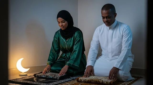 Muslim Couple Praying Indoor with Crescent Moon Lamp