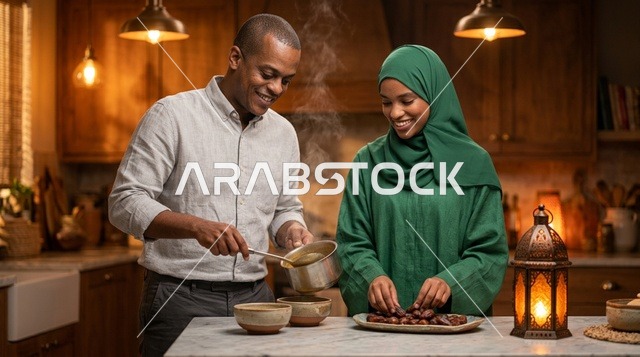 زوجان أفريقيان يحضران إفطار رمضان في المطبخ