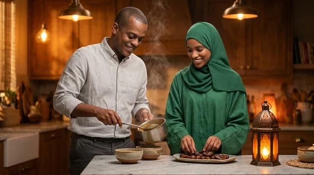 زوجان أفريقيان يحضران إفطار رمضان في المطبخ