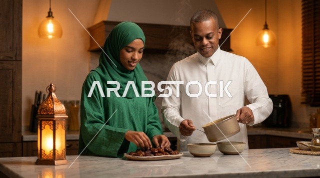Saudi Couple Preparing Ramadan Iftar in Kitchen