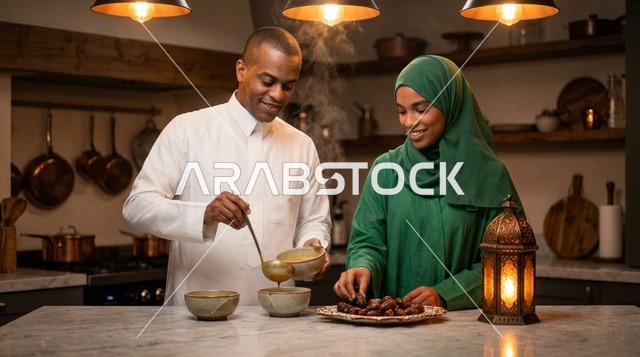زوجان عربيان من أصول أفريقية يحضران وجبة إفطار رمضان