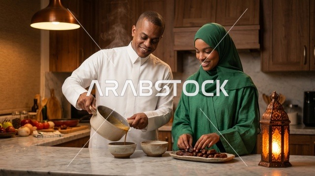 Saudi Couple Preparing Ramadan Iftar in Kitchen