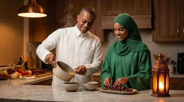 Saudi Couple Preparing Ramadan Iftar in Kitchen