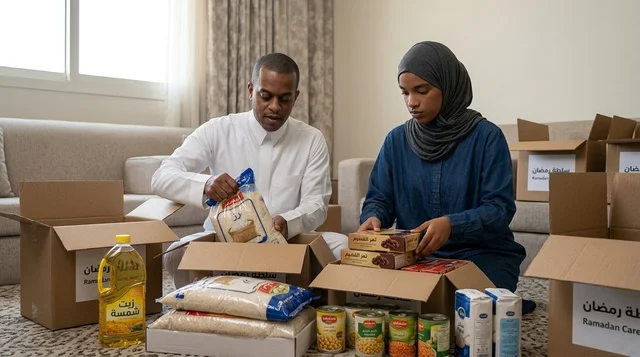 رجل وامرأة سعوديان يجهزان سلال رمضان الخيرية رجل وامرأة سعوديان يجهزان سلال رمضان الخيرية
