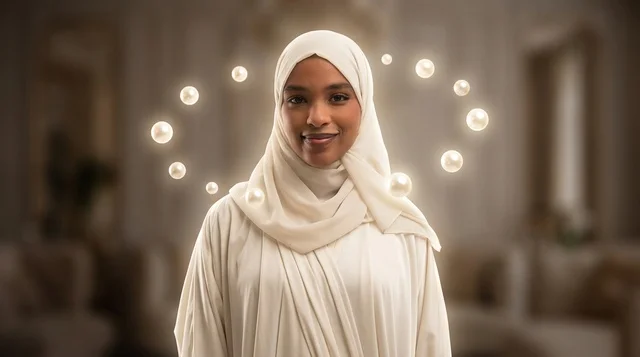 African-Arab Woman in White Hijab with Glowing Pearls