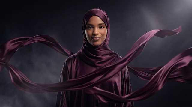 African Woman in Purple Hijab and Abaya with Flowing Fabric
