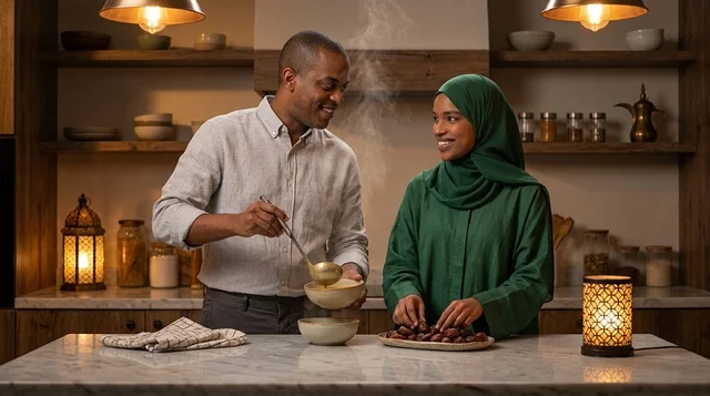 Muslim Couple Preparing Ramadan Iftar in Kitchen