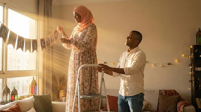 Black Muslim Couple Hanging Ramadan Decorations at Home Black Muslim Couple Hanging Ramadan Decorations at Home