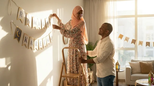 زوجان مسلمان من أصول أفريقية يجهزان زينة رمضان