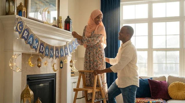 Black Muslim Couple Decorating Home for Ramadan