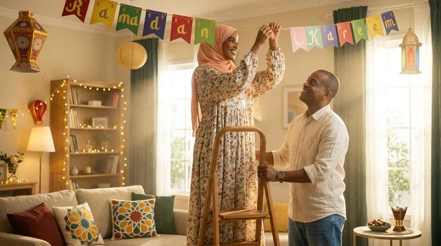 Black Muslim Couple Hanging Ramadan Decorations at Home