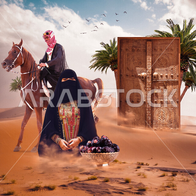  زوجان عربيان سعوديان خليجيان, حياة البدو في الصحراء, الطبيعه الصحراويه في المملكه العربيه السعوديه, الزي السعودي التقليدي, الكثبان الرمليه في المناطق الصحراويه, شعبيات وتراثيات سعوديه