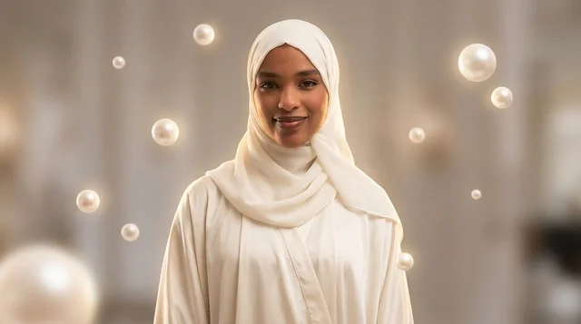 African Woman in White Abaya and Hijab with Pearls