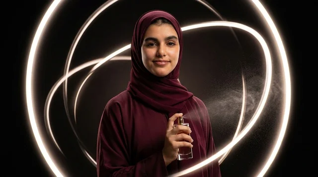 Saudi Woman Spraying Perfume with Circular Light Trails