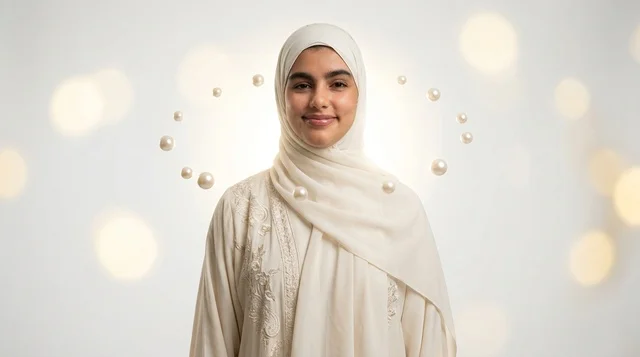 Smiling Saudi Woman in White Hijab and Embroidered Abaya