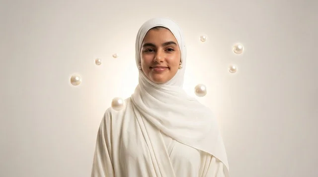 Smiling Emirati Woman in White Hijab with Pearls