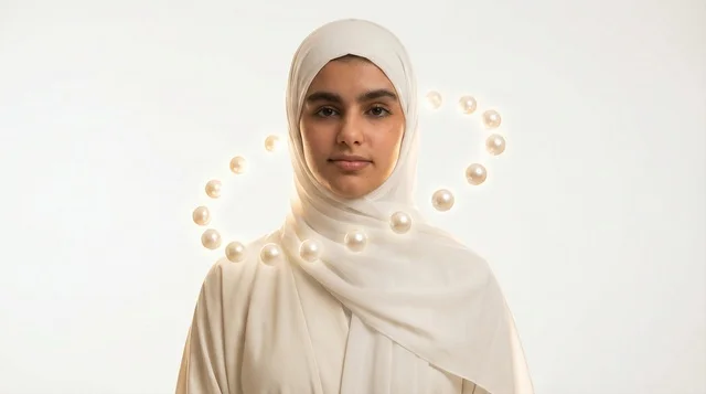Saudi Woman in White Hijab with Glowing Floating Pearls