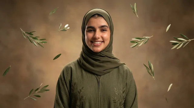 امرأة عربية مبتسمة بالحجاب الأخضر مع أغصان الزيتون