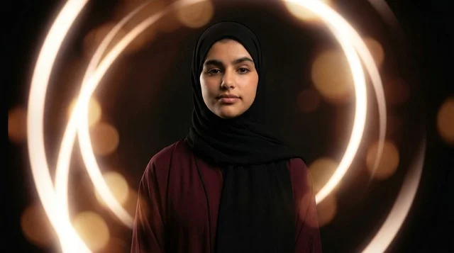 A Saudi woman in a hijab with glowing light trails.