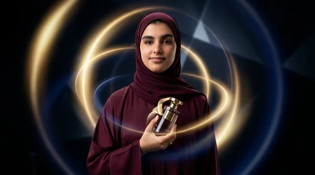 Emirati Woman in Abaya Holding Perfume Bottle