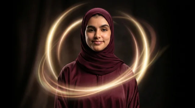 A Saudi woman in a hijab with glowing light trails.