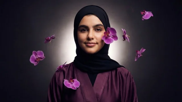 امرأة سعودية بالحجاب والعباءة البنفسجية مع زهور الأوركيد